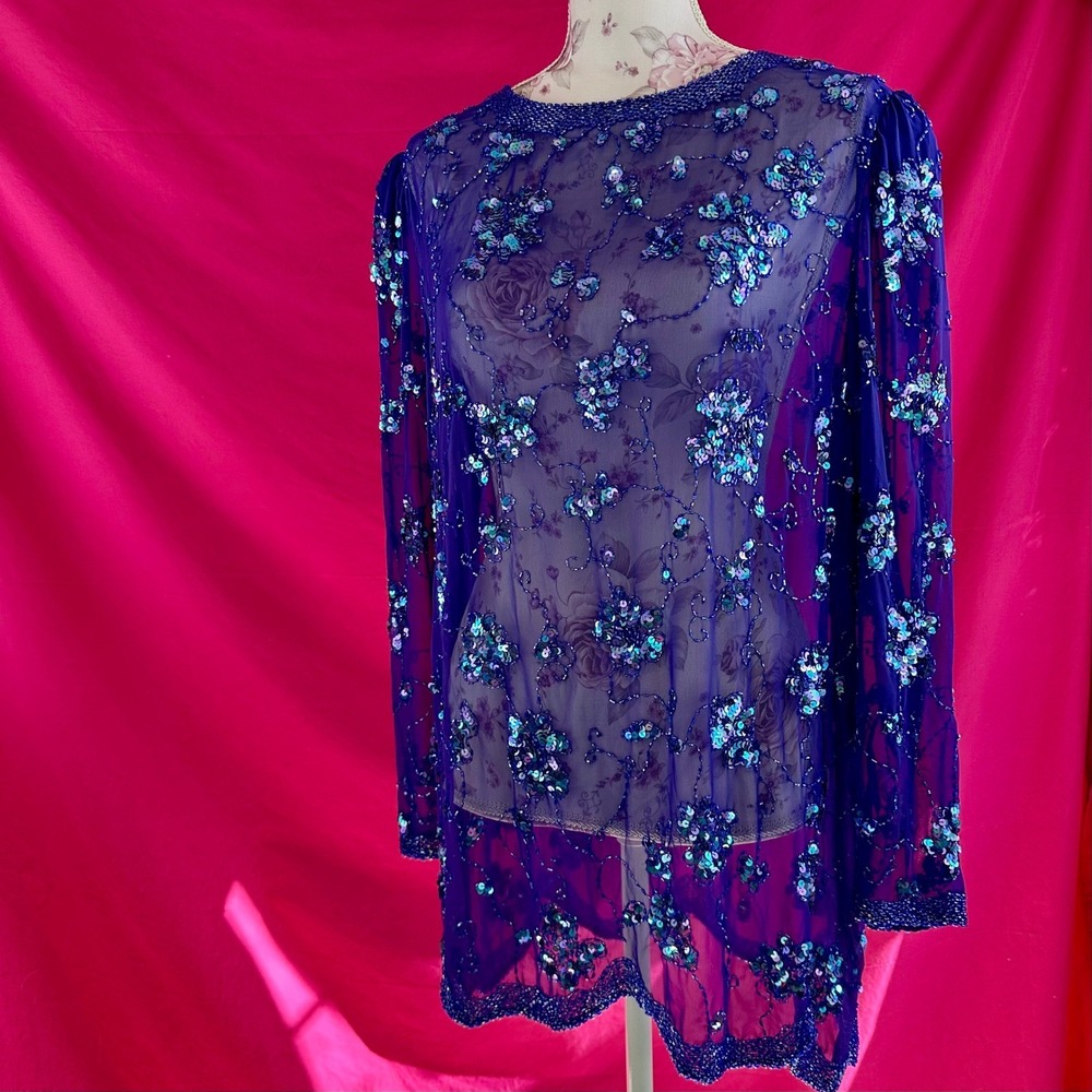 Sequin Beaded Sheer Purple Tunic Top XL Vintage Y2K Lillie Rubin‎ Glam Party - Picture 10 of 17